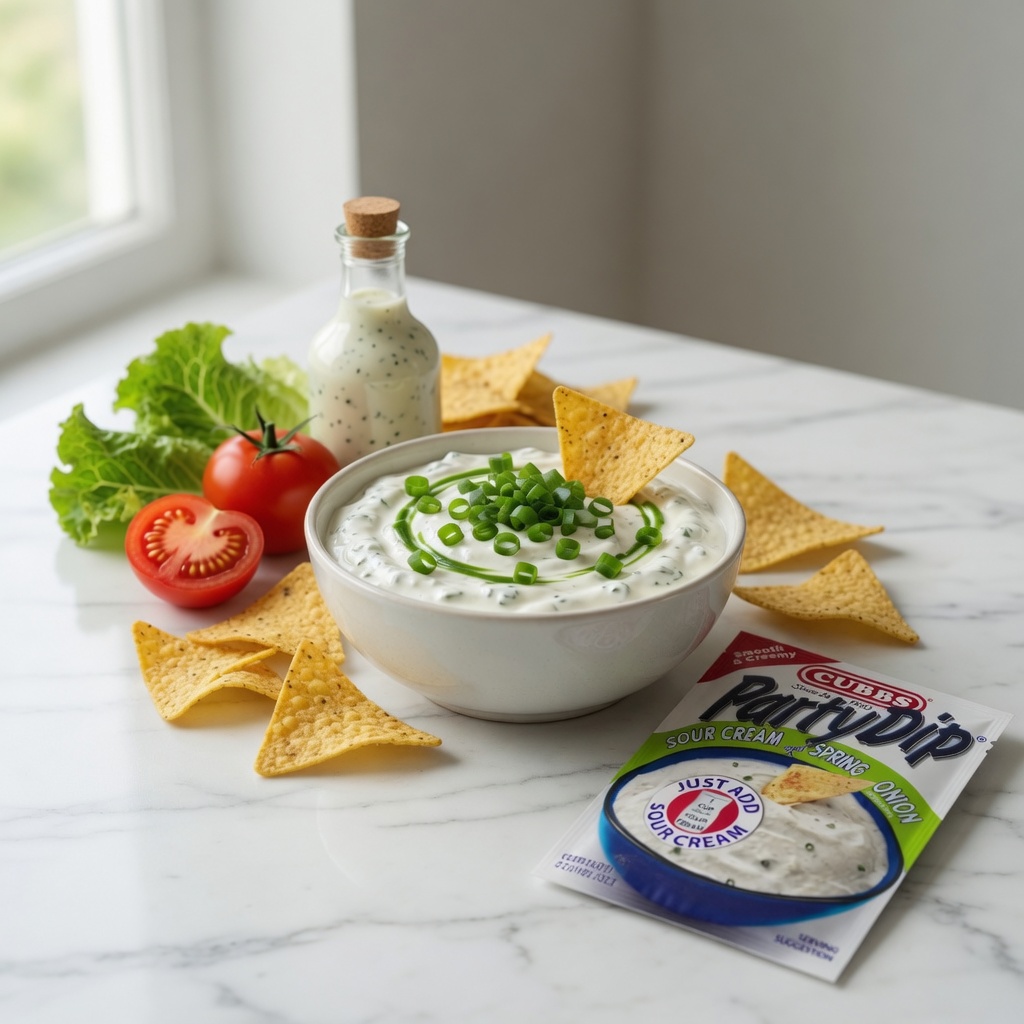 A bowl of Cubbs Party Dip on a marble counter